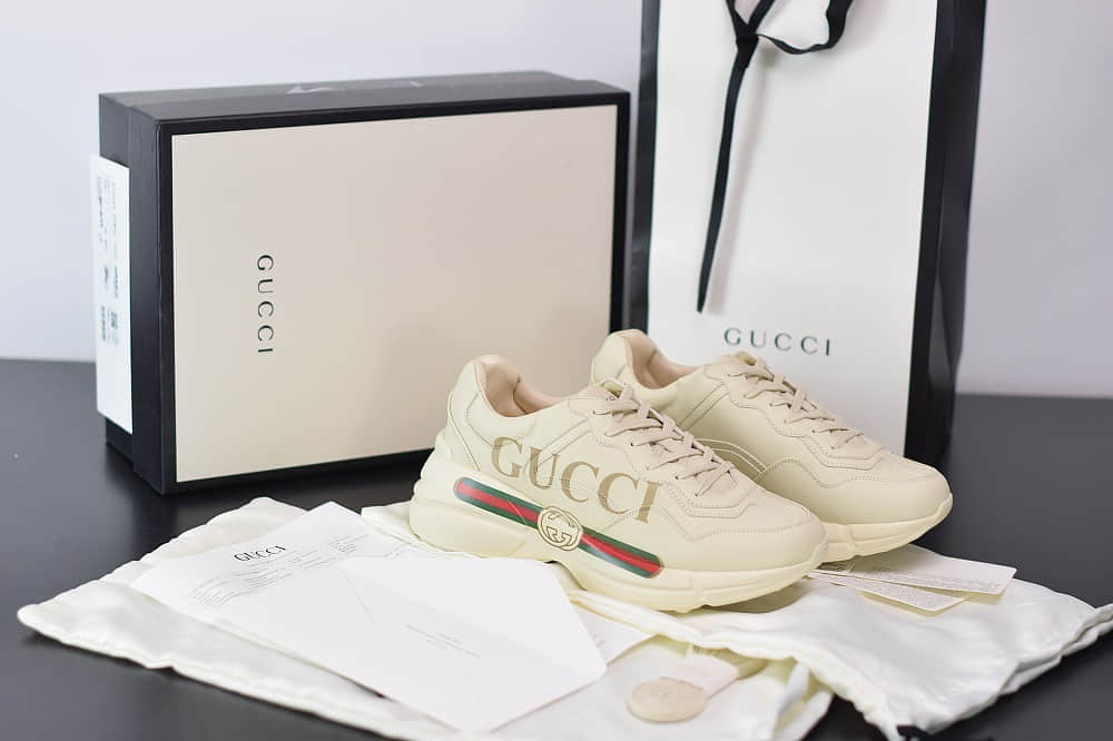 古驰Gucci Rhyton做旧复古米白色logo标识老爹鞋纯原版本货号：500877 DRW009522