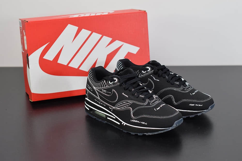 耐克atmos x NIKE Air Max 1 Animal Pack 3.0 联名手稿黑色线条复古气垫鞋纯原版本 货号:CJ4286-001