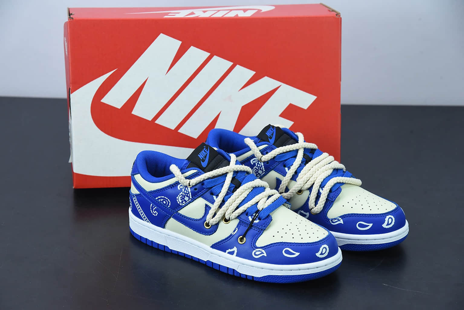 耐克 Nike Dunk Low “Retro”解构鞋带复古腰果花Dunk Low “Retro”解构鞋带复古腰果花米色闪电蓝低帮休闲板鞋纯原版本 货号:DD1391-001
