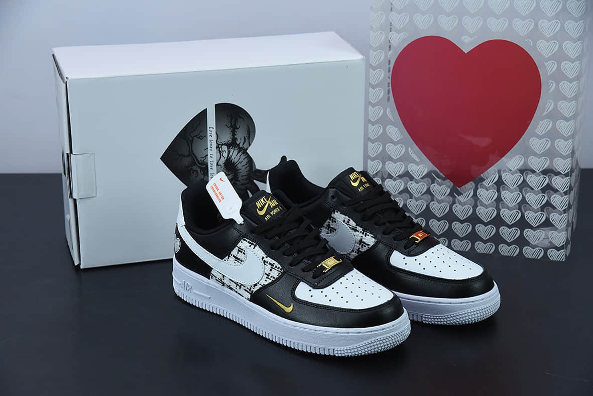 耐克Nike Air Force 1 黑白金爱心款情人节限定小香风空军一号低帮休闲板鞋纯原版本 货号:CZ0270-001