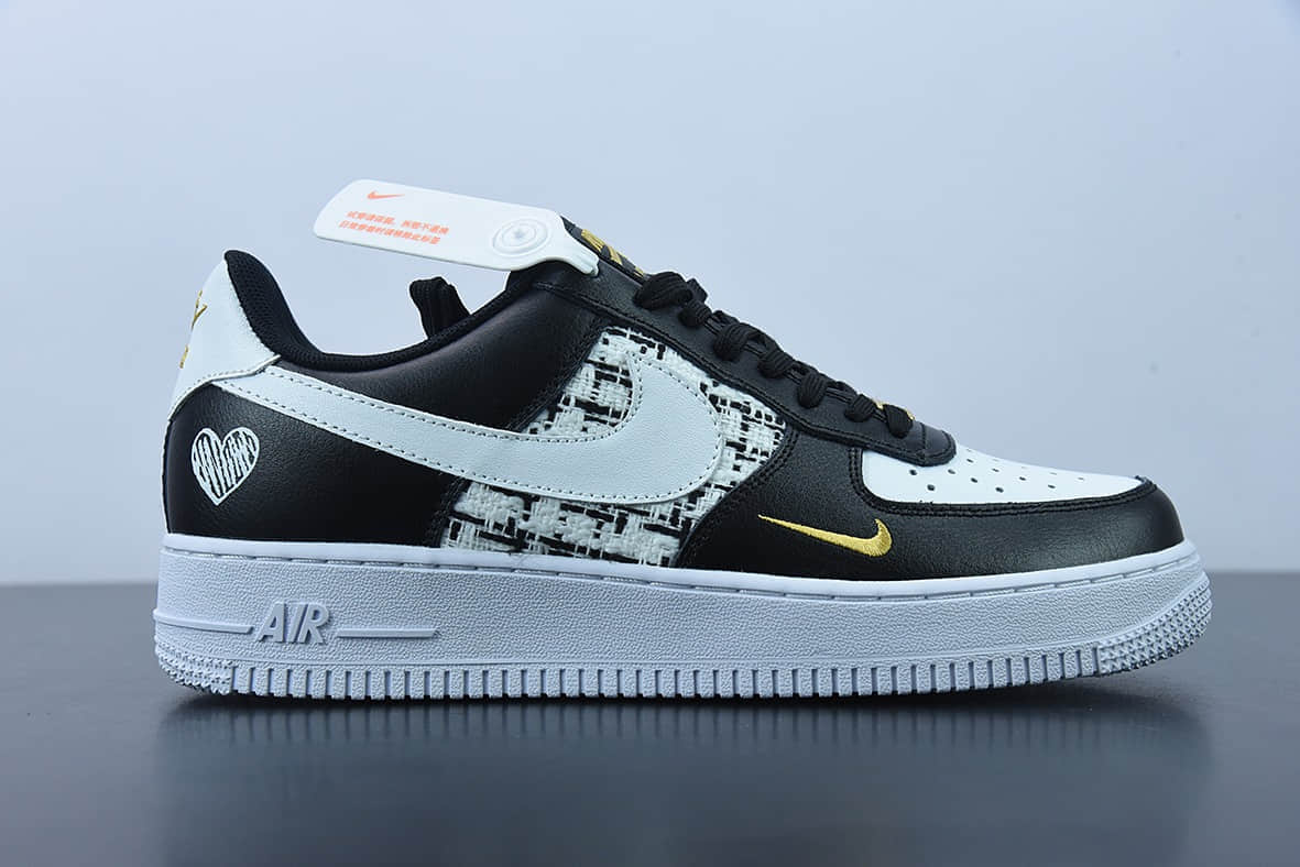 耐克Nike Air Force 1 黑白金爱心款情人节限定小香风空军一号低帮休闲板鞋纯原版本 货号:CZ0270-001