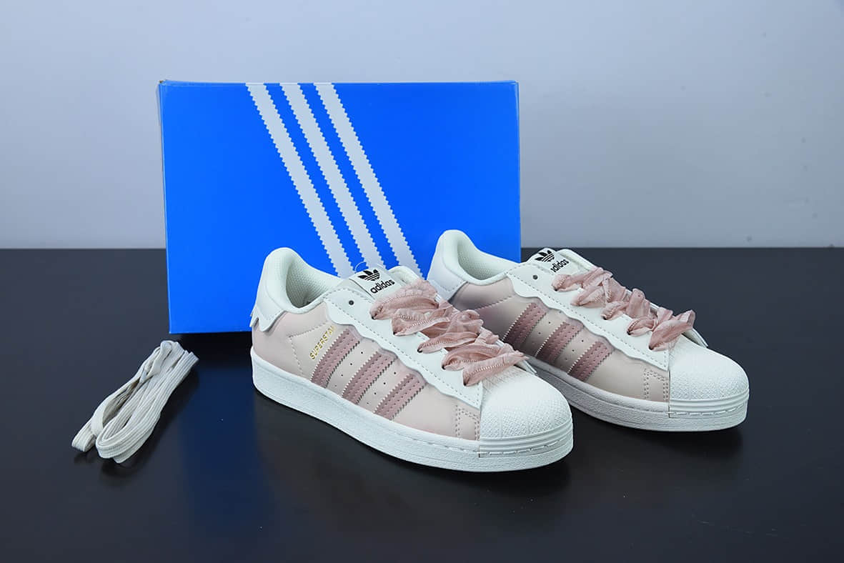 阿迪达斯Adidas Original Super Star 三叶草女22年春低帮花边粉色奶油经典贝壳头板鞋纯原版本 货号:GW4444