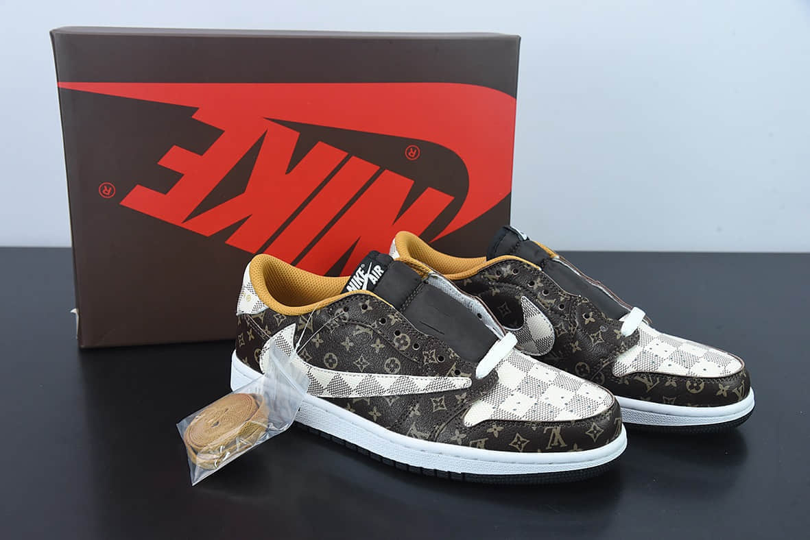 乔丹Air Jordan Louis Vuitton x Travis Scott x Nike Air Jordan 1 Low OG SPDamier AzurBrownLV MonogramAJ1乔丹一代经典低帮TS联名LV倒钩三方联名文化百搭休闲运动篮球鞋纯原版本  货号:DM7866-616