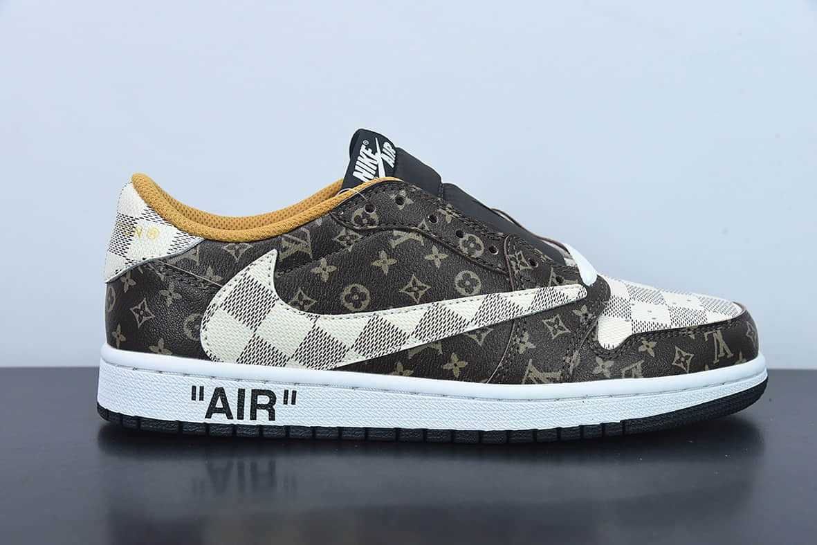 乔丹Air Jordan Louis Vuitton x Travis Scott x Nike Air Jordan 1 Low OG SPDamier AzurBrownLV MonogramAJ1乔丹一代经典低帮TS联名LV倒钩三方联名文化百搭休闲运动篮球鞋纯原版本  货号:DM7866-616