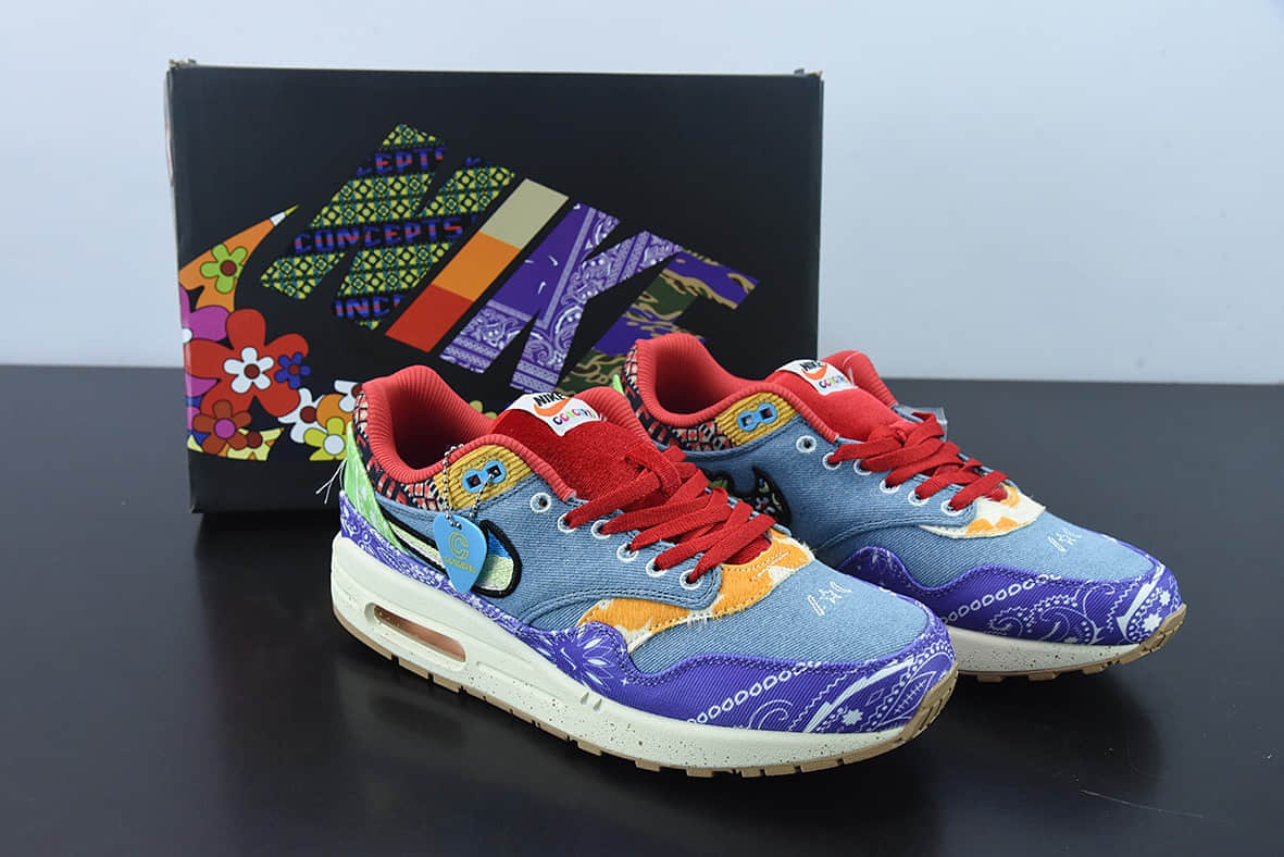 耐克Nike Concepts x Nike Air Max 1 联名款紫红蓝腰果花半掌气垫复古跑步鞋纯原版本 货号:DN1803-500