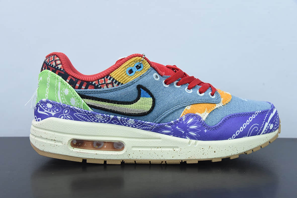 耐克Nike Concepts x Nike Air Max 1 联名款紫红蓝腰果花半掌气垫复古跑步鞋纯原版本 货号:DN1803-500