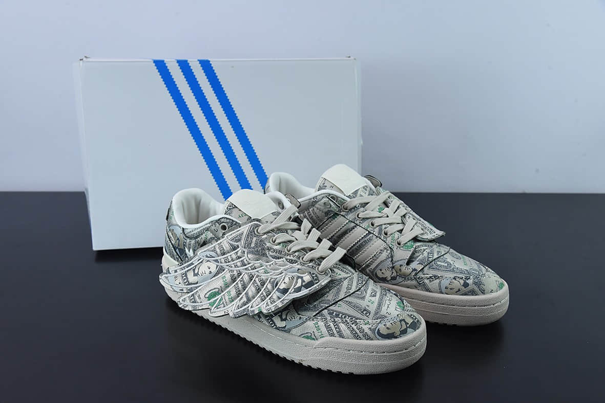阿迪达斯Adidas Forum Low JS 联名米绿色满印纸钞翅膀低帮板鞋纯原版本 货号:GX6393