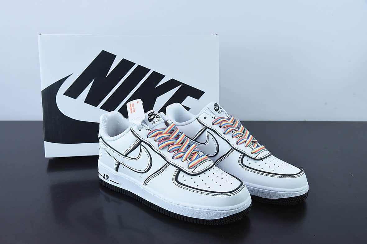 耐克Nike Air Force 1 AF1 白黑彩虹鞋带3M反光版空军一号低帮休闲板鞋纯原版本 货号:GU6936-599