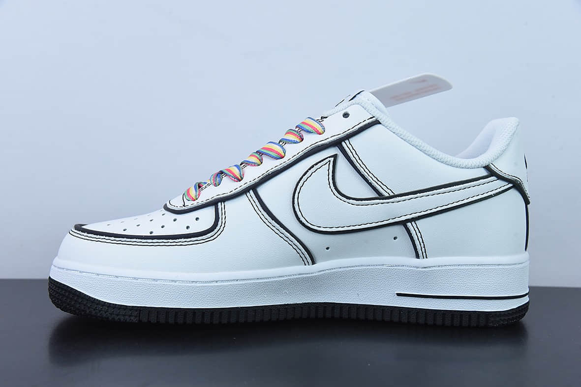 耐克Nike Air Force 1 AF1 白黑彩虹鞋带3M反光版空军一号低帮休闲板鞋纯原版本 货号:GU6936-599