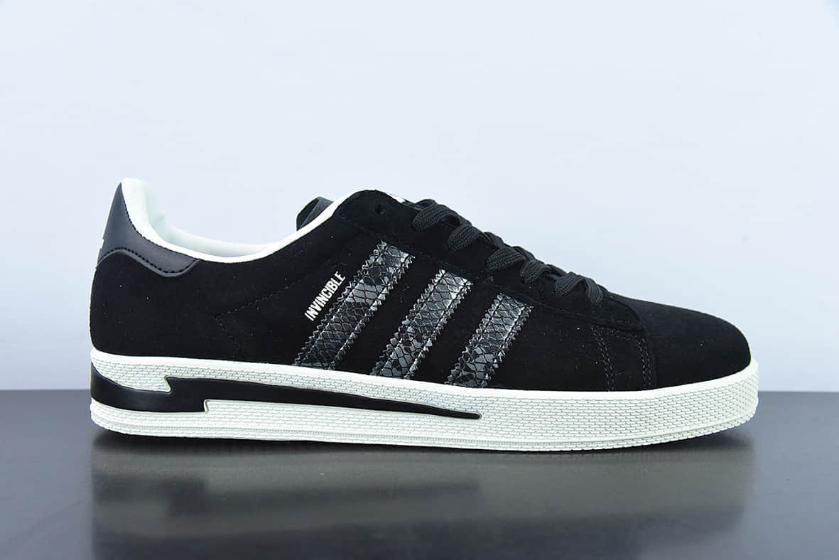 阿迪达斯Adidas NEIGHBORHOOD x INVINCIBLE x AD Originals Campus 三方联名麂皮黑灰蟒蛇皮闪电学院系列经典复古低帮百搭休闲运动板鞋纯原版本 货号:GW8852