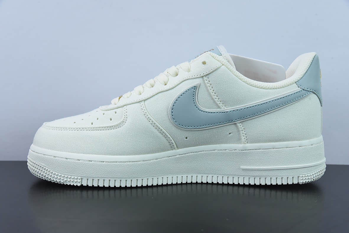 耐克Nike Air Force 1’07 Low QSSailLight BlueGold帆布米白浅蓝迷你双钩子空军一号经典低帮百搭休闲运动板鞋纯原版本 货号:MN5696-009