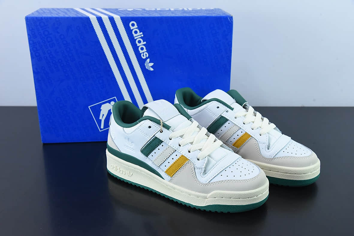 阿迪达斯Adidas END. x Originals Forum 84 Low 罗马系列皮革白浅灰深绿黄魔术贴低帮复古系带百搭休闲运动板鞋纯原版本 货号:HR1527