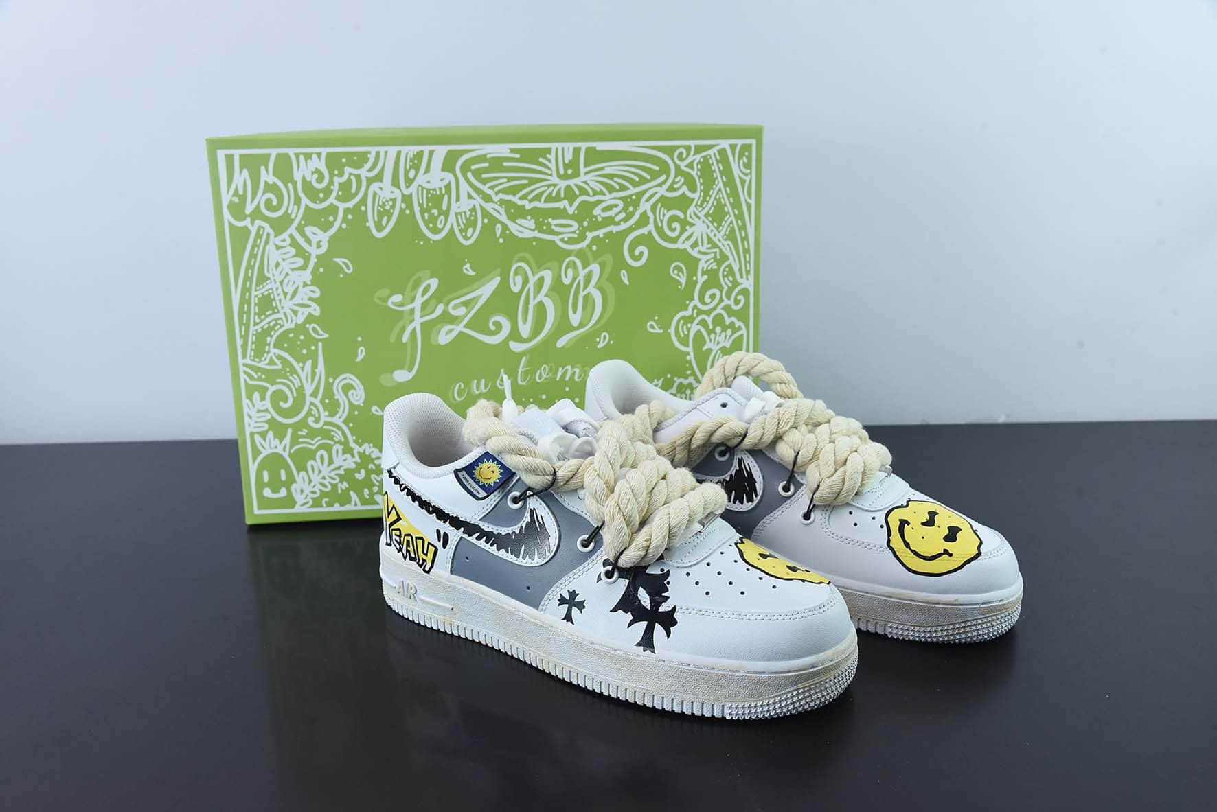 耐克Nike Air Force 1 07 LV8CrossSmile做旧白十字架黄笑脸粗绑绳空军一号低帮休闲板鞋纯原版本 货号:CW2288-111