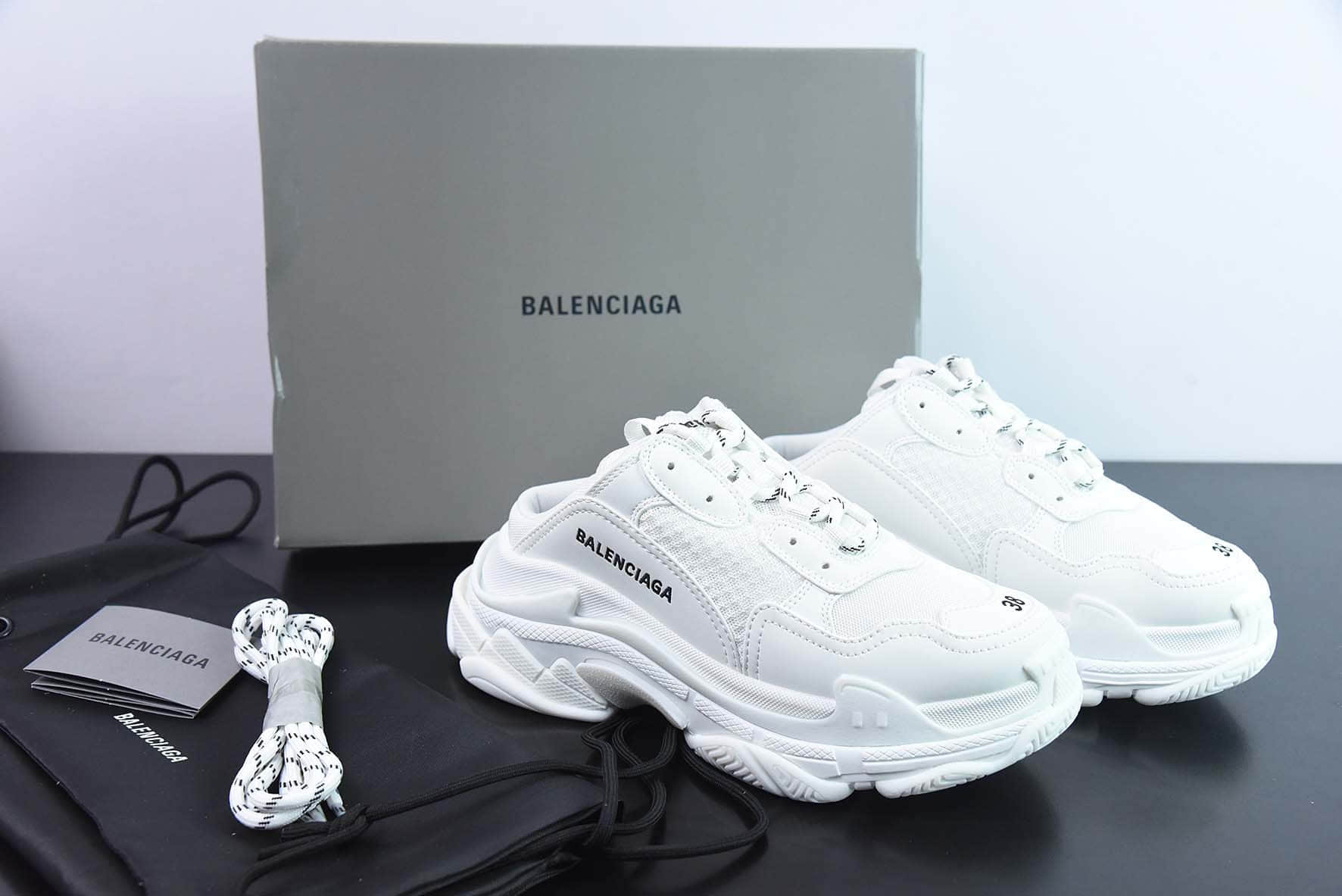 巴黎世家BALENCIAGA Track Mule Clear Sole Sneakers 白半拖复古野跑姥爹包头露跟半拖百搭慢跑鞋纯原版本 货号:653814 W2FA6 9710