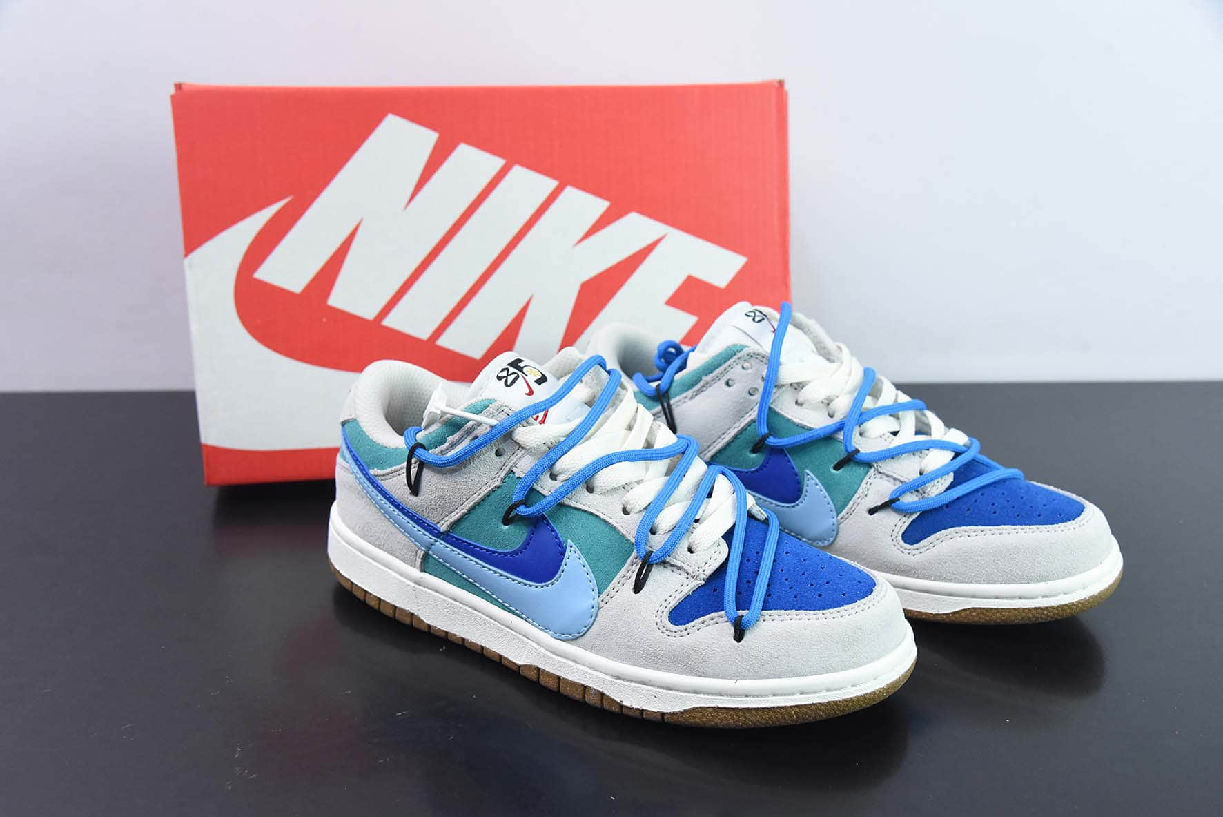 耐克Nike Dunk Low SB 灰蓝双钩绑带定制版低帮滑板鞋纯原版本 货号:DD9457-100