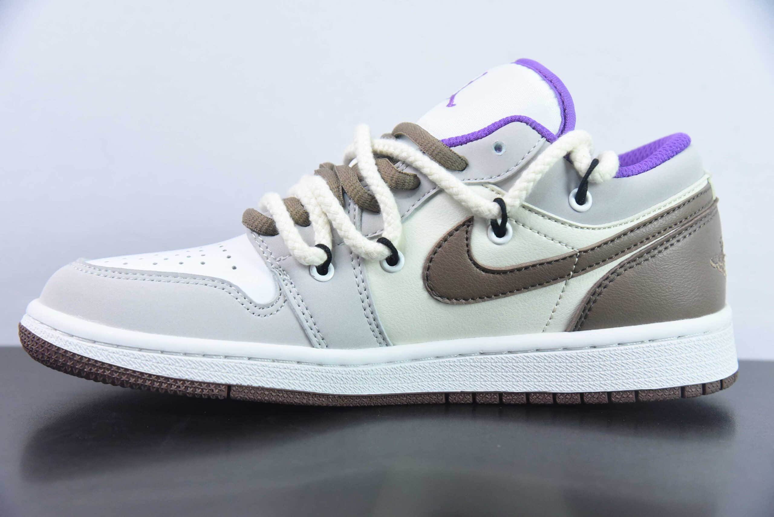 乔丹Air Jordan 1 Low GSAJ1浅灰紫棕巧克力奶茶绑绳低帮复古文化篮球鞋纯原版本 货号:553560-215