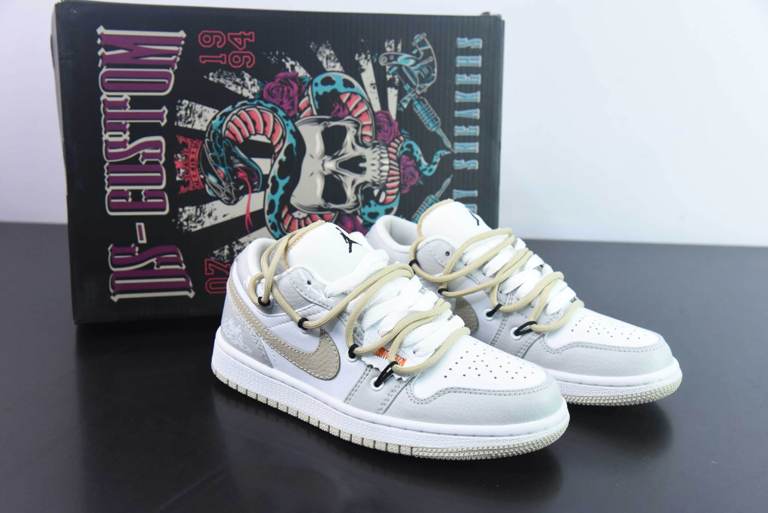 乔丹Air Jordan 1 Low AJ1灰白卡其鳄鱼绑绳低帮复古文化篮球鞋纯原版本 货号:FB7168-121