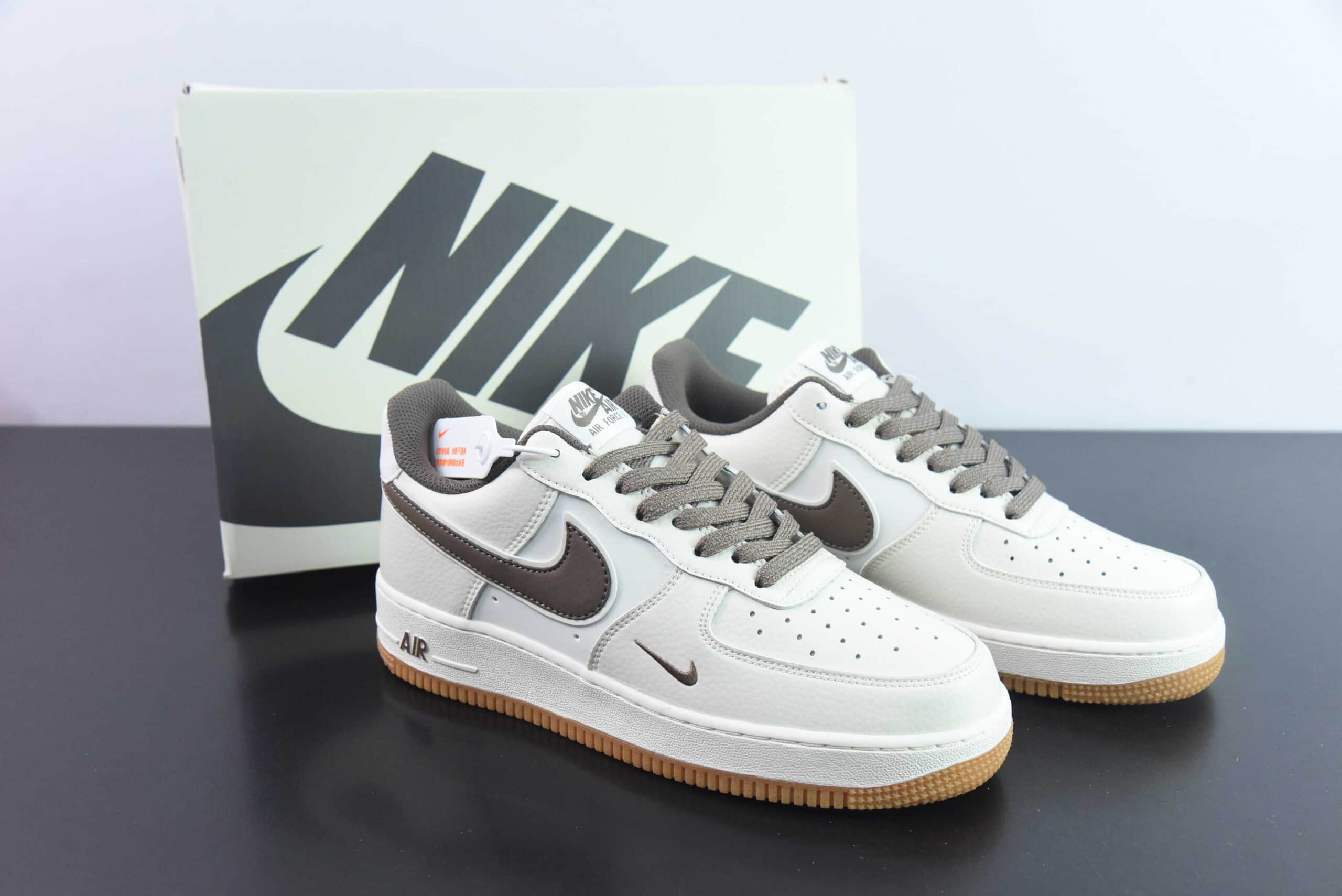 耐克Nike Air Force 1 AF1白米棕刺绣小勾空军一号低帮休闲板鞋纯原版本 货号:HD1689-106