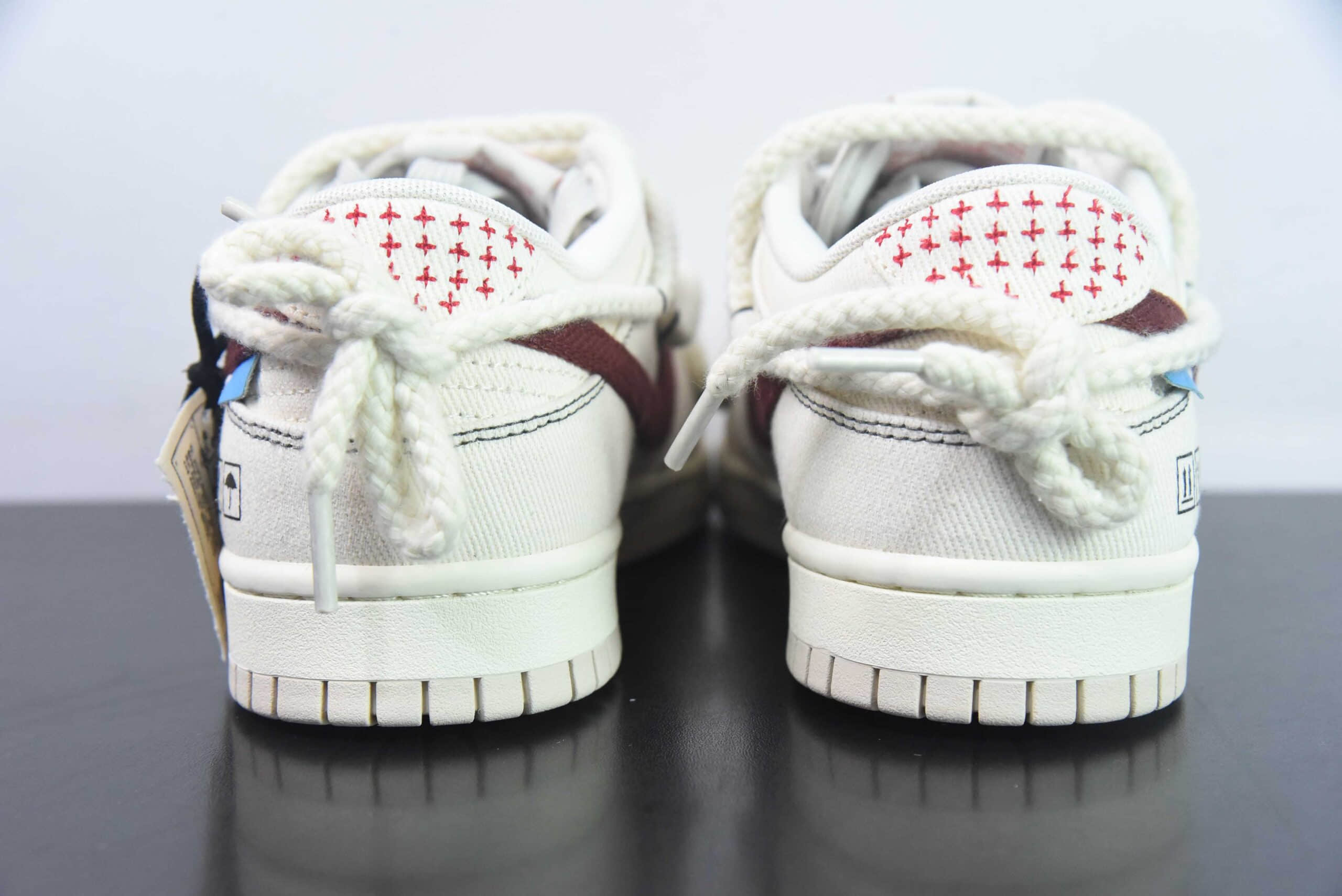 耐克Nike SB Dunk Low 绑带解构天使刺子绣帆布灰棕红SB低帮休闲滑板鞋纯原版本 货号：DV0834-100