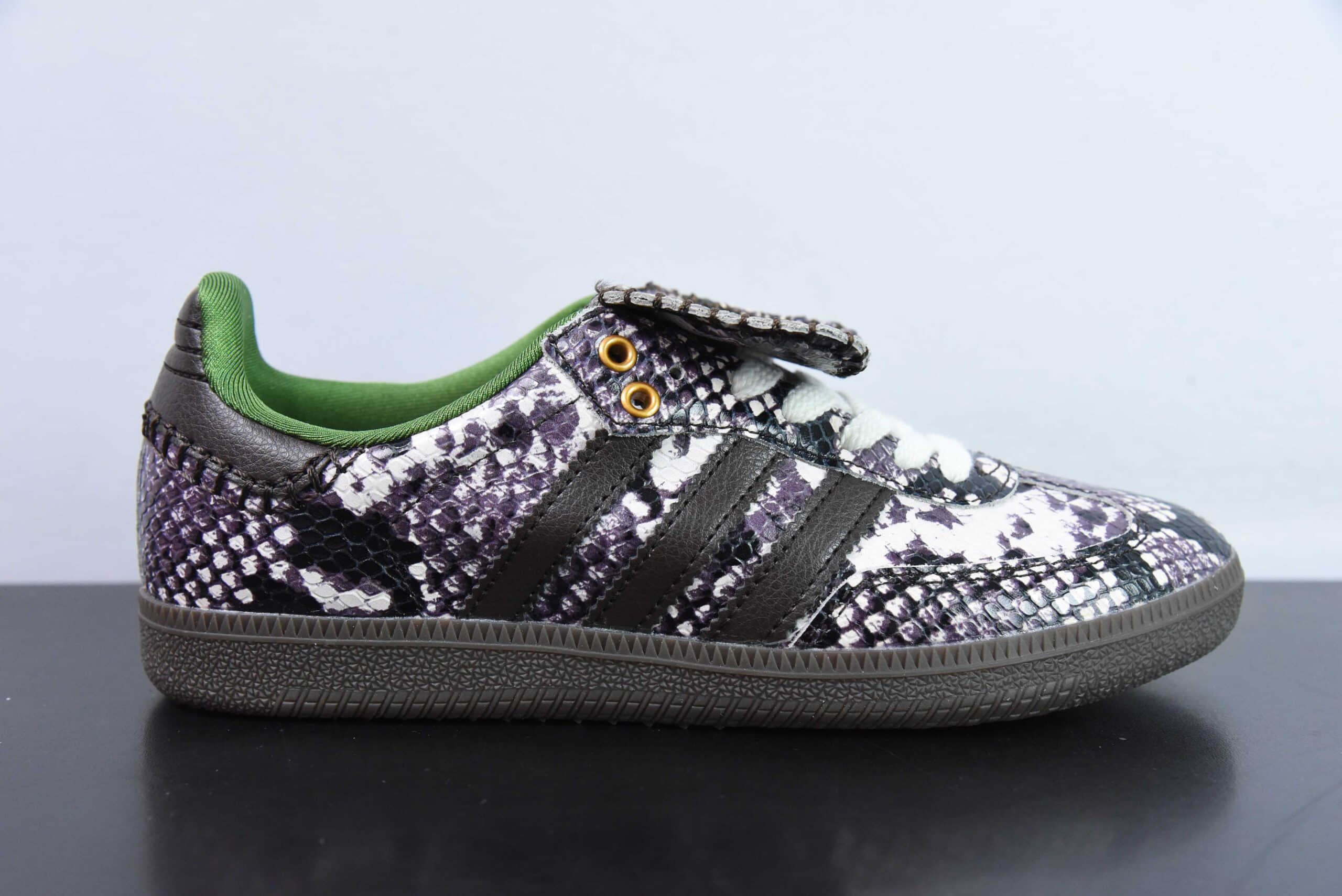 阿迪达斯Adidas Wales Bonner x AD Originals Samba 黑绿紫蛇纹联名款圆头三叶草桑巴德训鞋纯原版本 货号：IH3262