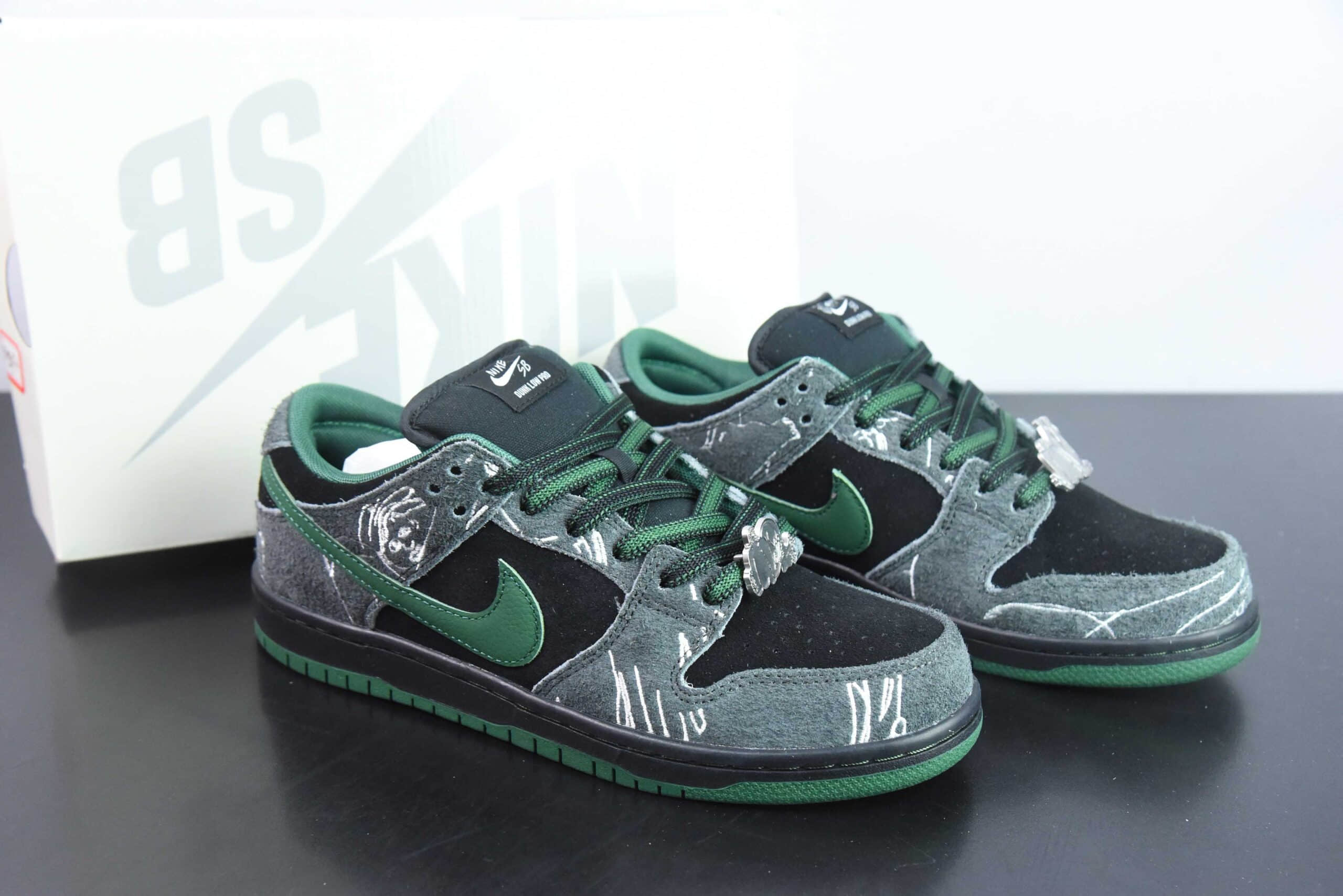 耐克Nike There Skateboards x Nk SB Dunk Low 黑绿涂鸦艺术风格联名款 SB低帮休闲板鞋纯原版本 货号：HF7743-001