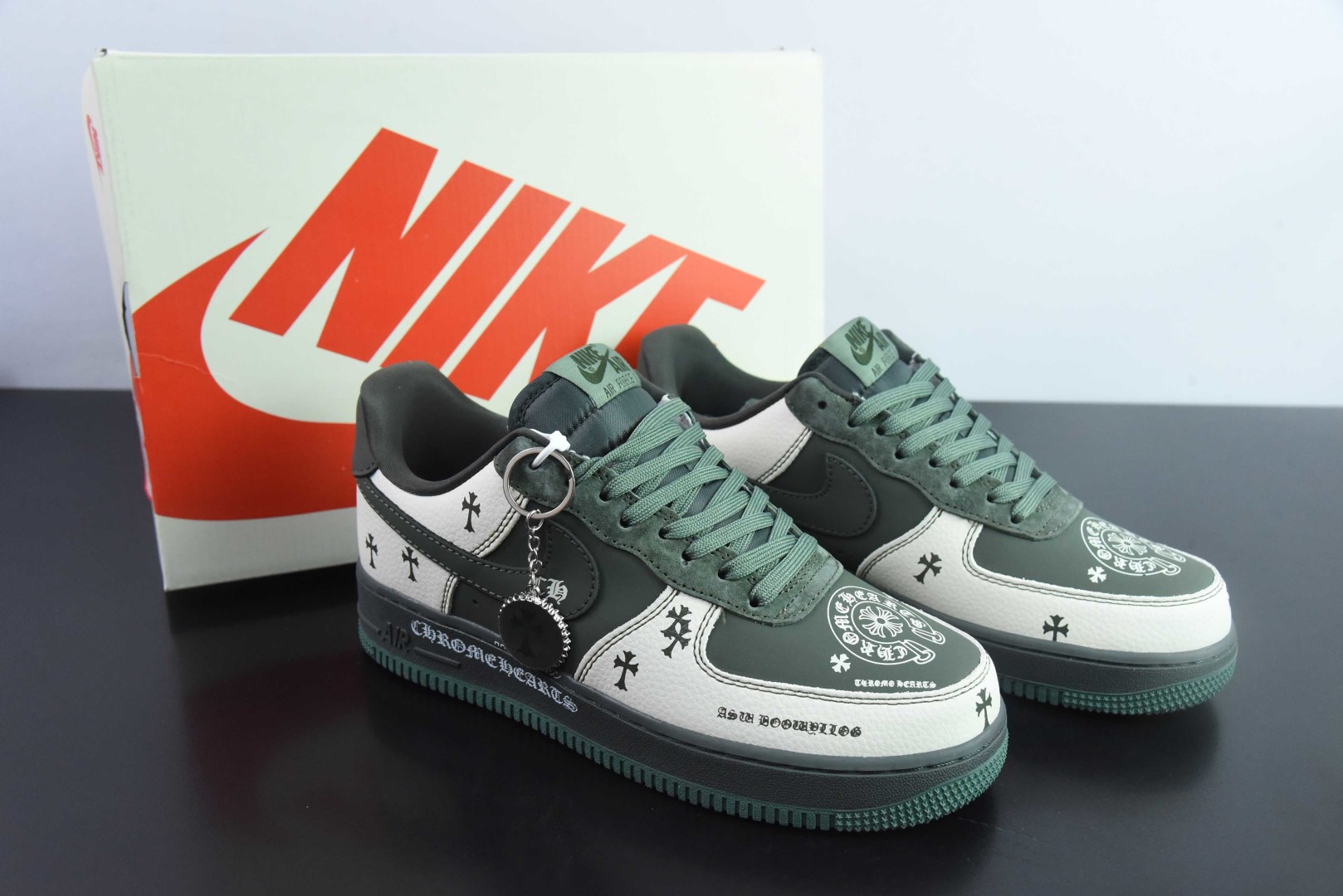 耐克Nike Air Force 1 AF1灰绿克罗心印花定制版空军一号低帮休闲板鞋纯原版本 货号:KK1988-029