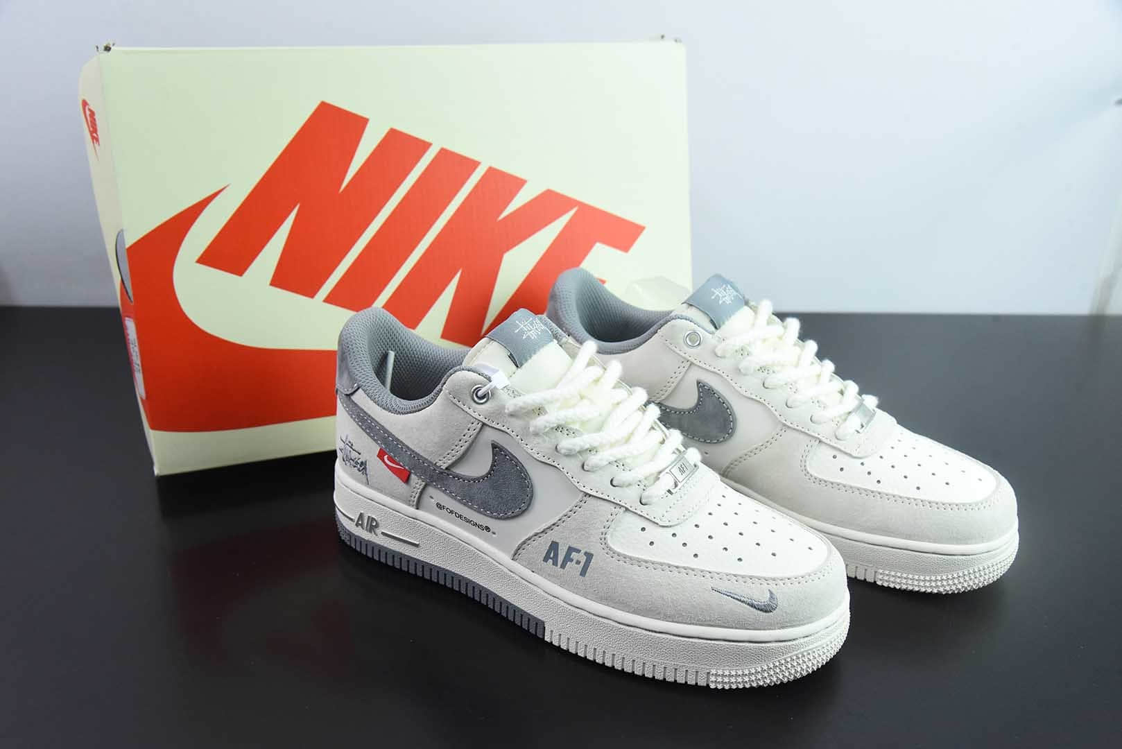 耐克Nike Air Force 1 AF1灰白斯图西刺绣定制版空军一号低帮休闲板鞋纯原版本 货号:SJ6698-024