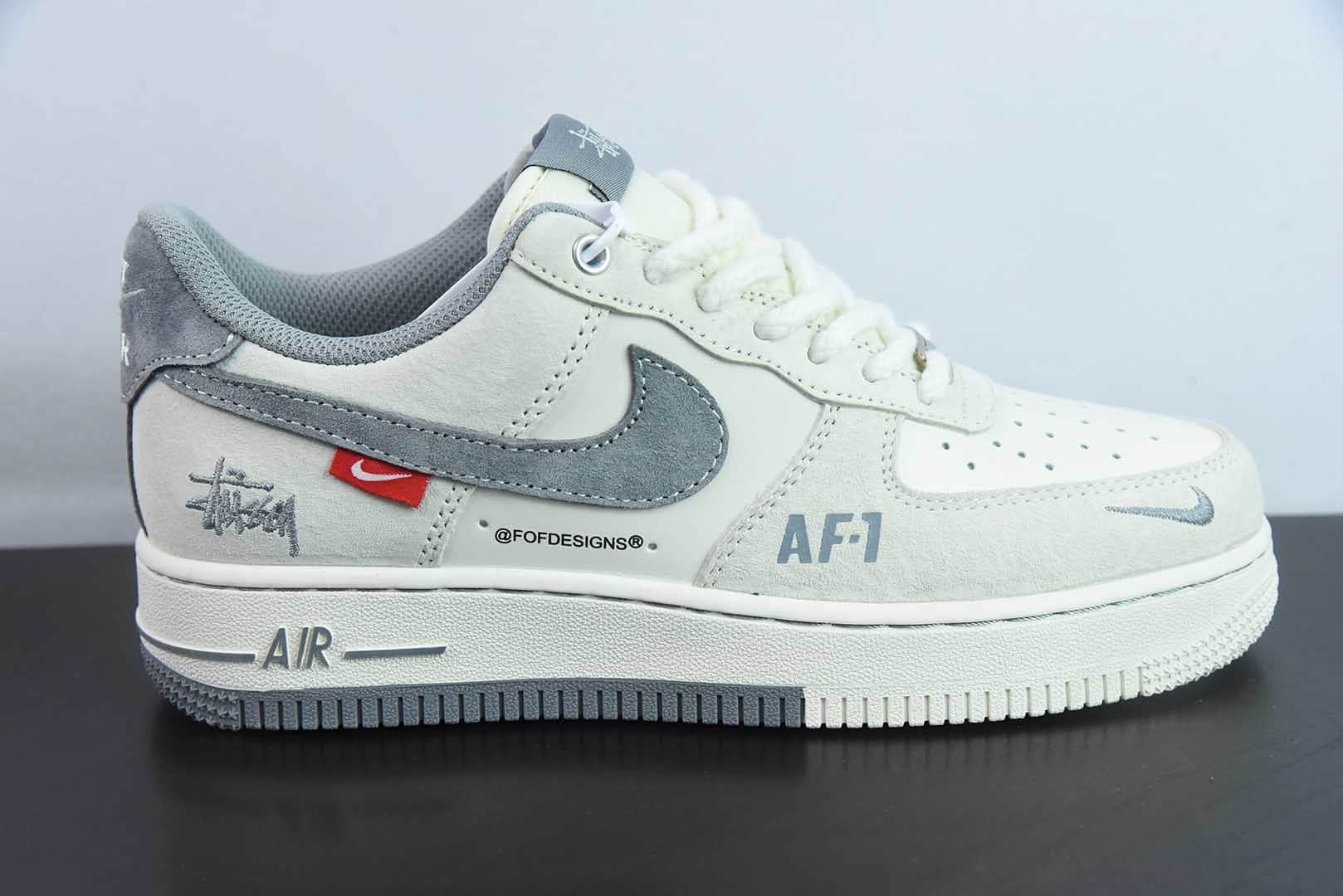 耐克Nike Air Force 1 AF1灰白斯图西刺绣定制版空军一号低帮休闲板鞋纯原版本 货号:SJ6698-024
