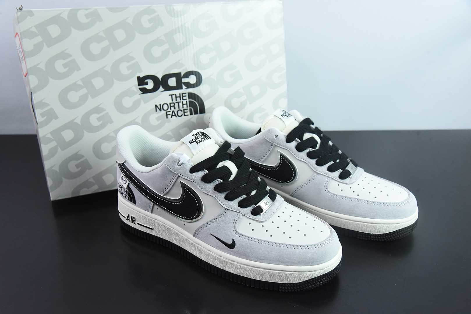 耐克Nike Air Force 1 AF1灰白黑银边北面印花定制版空军一号低帮休闲板鞋纯原版本 货号:XZ6188-916
